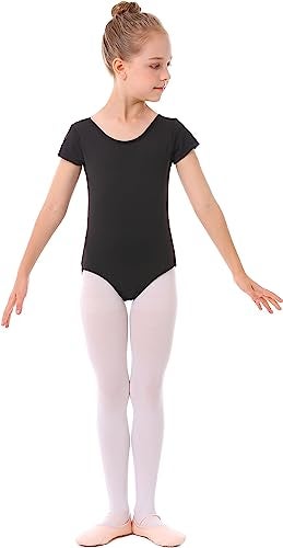 MdnMd Black Leotards for Girls Kids Dance Ballet Gymnastic Outfit Short Sleeve Leotard with Cross Back (Black, Age 6-7) - Image 3