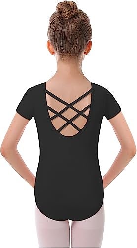 MdnMd Black Leotards for Girls Kids Dance Ballet Gymnastic Outfit Short Sleeve Leotard with Cross Back (Black, Age 6-7) - Image 1