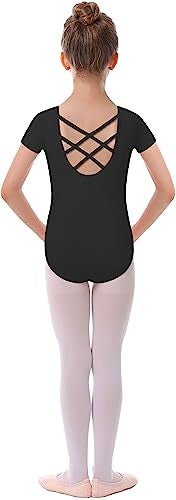 MdnMd Black Leotards for Girls Kids Dance Ballet Gymnastic Outfit Short Sleeve Leotard with Cross Back (Black, Age 6-7) - Image 2