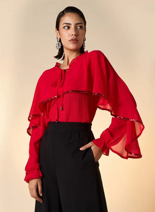 2Xtremz 2Xtremz Textured Cape Top with Tie-Up Detail and Long Sleeves