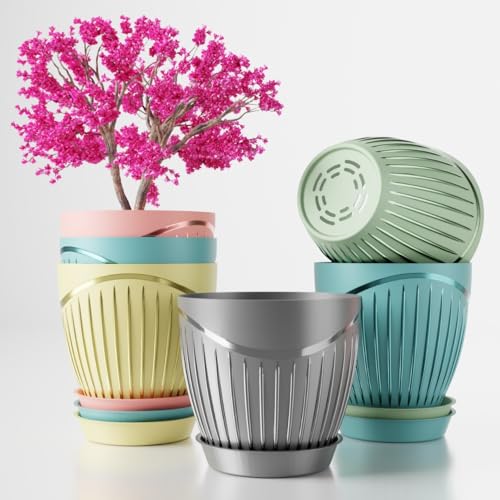Eightiz ET-206 (Pack of 5) 6 inch Premium Round Plastic Flower Pots with Tray for Home Planters, Terrace,for Home Indoor & Outdoor Gardening Plants(Multi Colour) - Image 5