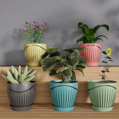Eightiz ET-206 (Pack of 5) 6 inch Premium Round Plastic Flower Pots with Tray for Home Planters, Terrace,for Home Indoor & Outdoor Gardening Plants(Multi Colour) - Image 1