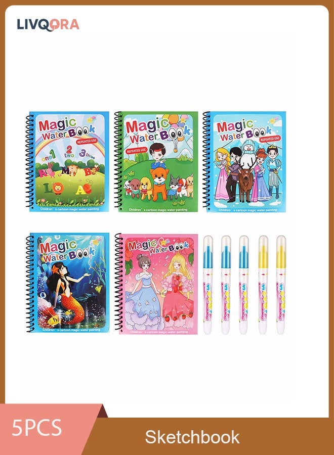 LIVQORA 5-Pack Magic Water Drawing Book - Reusable Mess-Free Coloring Book for Kids, Educational Learning Toy with 5 Water Pens, Ideal for Travel & Home - Image 1