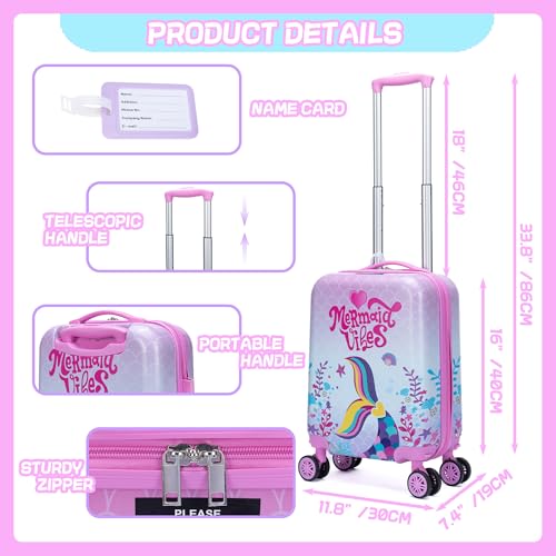 Inprof Cute Pink Mermaid Kid’s Luggage Set 5 Piece Suitcase Set 16’’ Hardside Luggage with Spinner Wheels Girls Boys Carry on Toddler Luggage Travel Rolling Luggage Carry on Luggage Airline Approved - Image 2