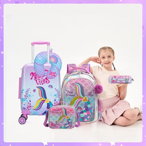 Inprof Cute Pink Mermaid Kid’s Luggage Set 5 Piece Suitcase Set 16’’ Hardside Luggage with Spinner Wheels Girls Boys Carry on Toddler Luggage Travel Rolling Luggage Carry on Luggage Airline Approved - Image 5