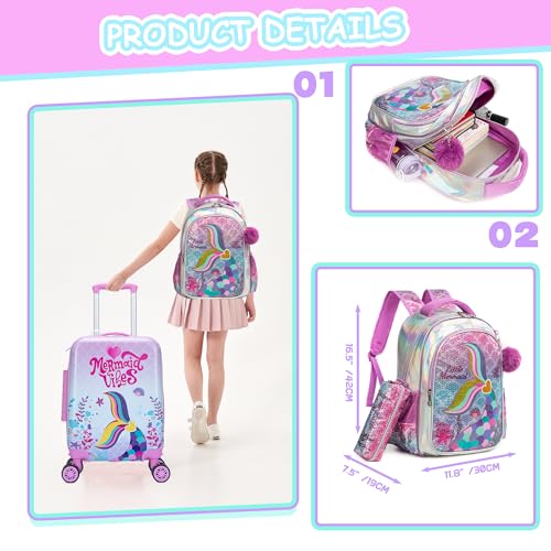 Inprof Cute Pink Mermaid Kid’s Luggage Set 5 Piece Suitcase Set 16’’ Hardside Luggage with Spinner Wheels Girls Boys Carry on Toddler Luggage Travel Rolling Luggage Carry on Luggage Airline Approved - Image 3