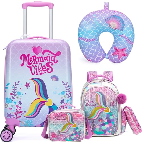 Inprof Cute Pink Mermaid Kid’s Luggage Set 5 Piece Suitcase Set 16’’ Hardside Luggage with Spinner Wheels Girls Boys Carry on Toddler Luggage Travel Rolling Luggage Carry on Luggage Airline Approved - Image 1