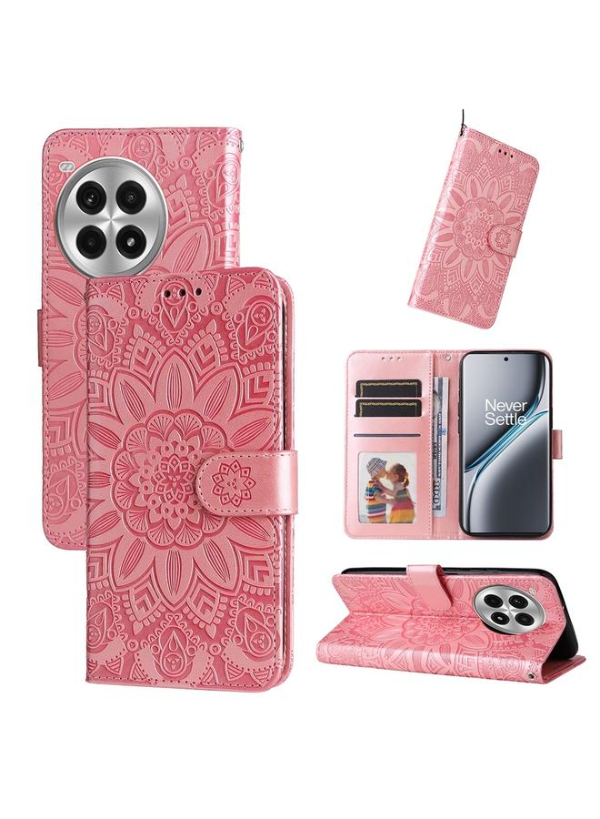 اس-توب جراب لهاتف OnePlus Ace 3 Pro مصنوع من الجلد المنقوش بنقشة دوار الشمس - Image 1