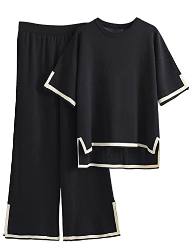 Tanming Sweater Sets Women 2 Piece Lounge Sets Short Sleeve Knit Pullover Tops Wide Leg Pants (Black, X-Small) - Image 2
