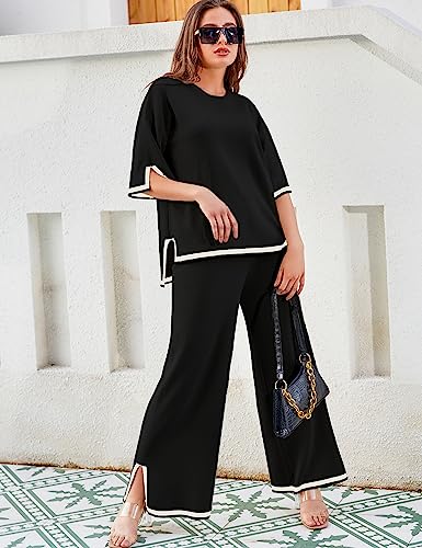 Tanming Sweater Sets Women 2 Piece Lounge Sets Short Sleeve Knit Pullover Tops Wide Leg Pants (Black, X-Small) - Image 4