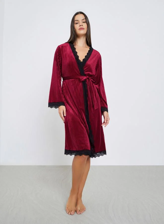 Styli Ribbed Velvet Contrast Lace Trim Slip Dress with Robe