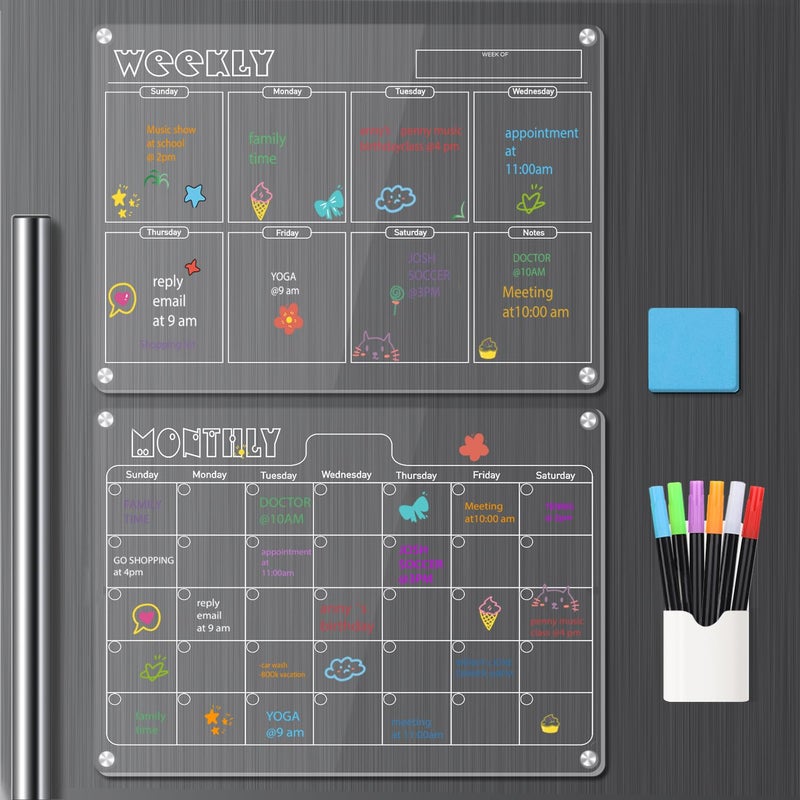 Hivillexun 165x12 Clear Acrylic Magnetic Dry Erase Calendar Board with Monthly Weekly Planner 6 Markers Large Eraser for Fridge Office Home White