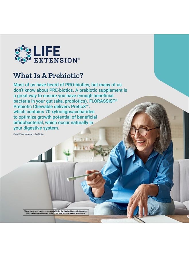 FLORASSIST Prebiotic Chewable (Strawberry) - Microbiome Prebiotics Supplement for Intestinal, Colon & Digestive Health - Non-GMO, Gluten-Free, Vegetarian – 60 Chewable Tablets