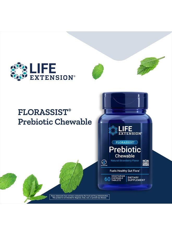 FLORASSIST Prebiotic Chewable (Strawberry) - Microbiome Prebiotics Supplement for Intestinal, Colon & Digestive Health - Non-GMO, Gluten-Free, Vegetarian – 60 Chewable Tablets