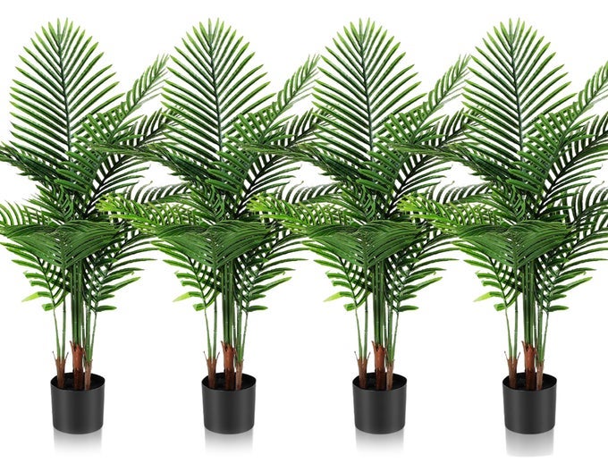 4 PACK ARTIFICIAL PALM TREES 3FT FAKE PLANTS FAKE TREES ARTIFICIAL ARECA PALM PLANTS FOR OUTDOOR INDOOR FAUX TREE IN POT FOR POOL HOME DECOR OFFICE HOUSEWARMING GIFT MODERN DECORATION