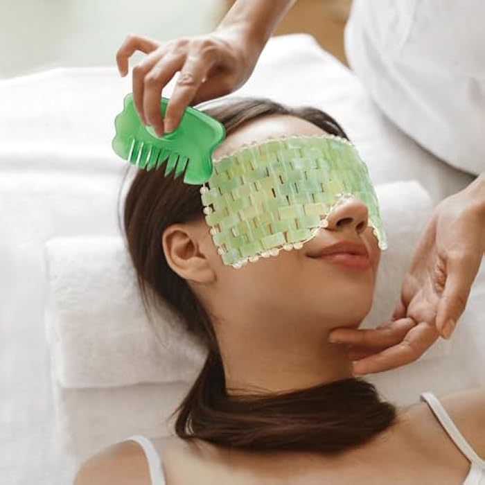LazyGa Jade Eye Mask - Resin Scalp Comb 4 Pcs Set, Jade Facial Cooling Mask and Gua Sha Massager Tool for Home Spa/Travel/Skincare Relieve Puffiness, Stress Relief, Anti-Aging Beauty Supplies - Image 4
