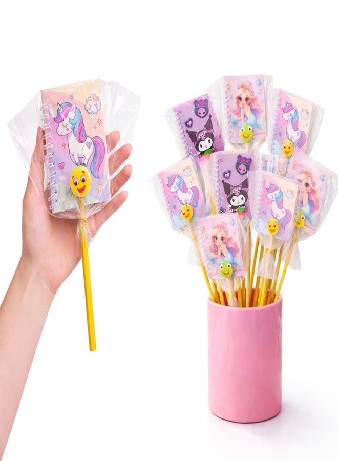 Glitreeprops Pack of 8 Cute Return Gift Set for Girls | Mini Spiral Diary (8x6 cm Ruled) with Pencil & Emoji Eraser | Unicorn, Mermaid & Cartoon Designs | Navratri Kanya Poojan & Birthday Return Gifts - Image 1