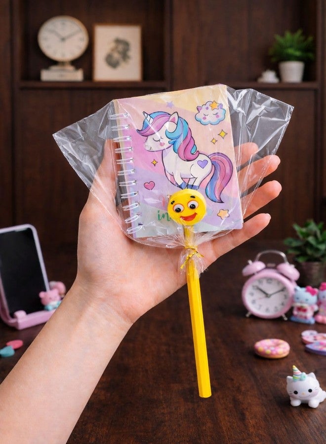 Glitreeprops Pack of 8 Cute Return Gift Set for Girls | Mini Spiral Diary (8x6 cm Ruled) with Pencil & Emoji Eraser | Unicorn, Mermaid & Cartoon Designs | Navratri Kanya Poojan & Birthday Return Gifts - Image 4