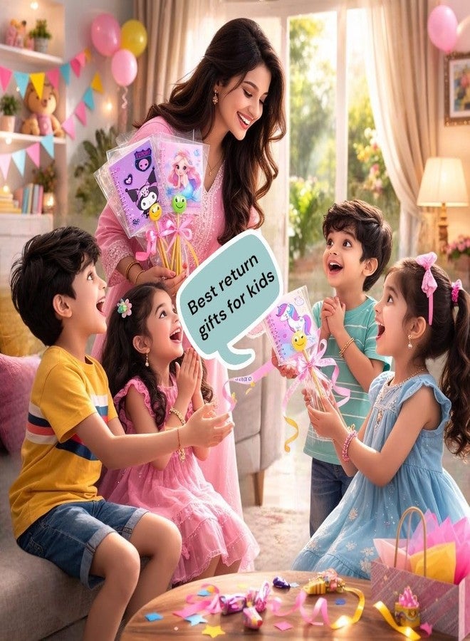 Glitreeprops Pack of 8 Cute Return Gift Set for Girls | Mini Spiral Diary (8x6 cm Ruled) with Pencil & Emoji Eraser | Unicorn, Mermaid & Cartoon Designs | Navratri Kanya Poojan & Birthday Return Gifts - Image 3