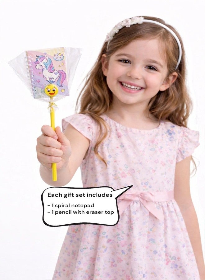 Glitreeprops Pack of 8 Cute Return Gift Set for Girls | Mini Spiral Diary (8x6 cm Ruled) with Pencil & Emoji Eraser | Unicorn, Mermaid & Cartoon Designs | Navratri Kanya Poojan & Birthday Return Gifts - Image 2