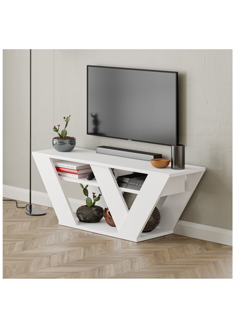 موراه حامل تلفزيون عصري من موراه هوم بيبرالا لأجهزة التلفزيون حتى 43 بوصة - أرفف تخزين هندسية - وحدة تحكم لغرفة المعيشة أو غرفة النوم أو المكتب - 30 × 40 × 110 سم - أبيض - Image 2