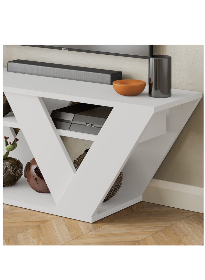 موراه حامل تلفزيون عصري من موراه هوم بيبرالا لأجهزة التلفزيون حتى 43 بوصة - أرفف تخزين هندسية - وحدة تحكم لغرفة المعيشة أو غرفة النوم أو المكتب - 30 × 40 × 110 سم - أبيض - Image 3