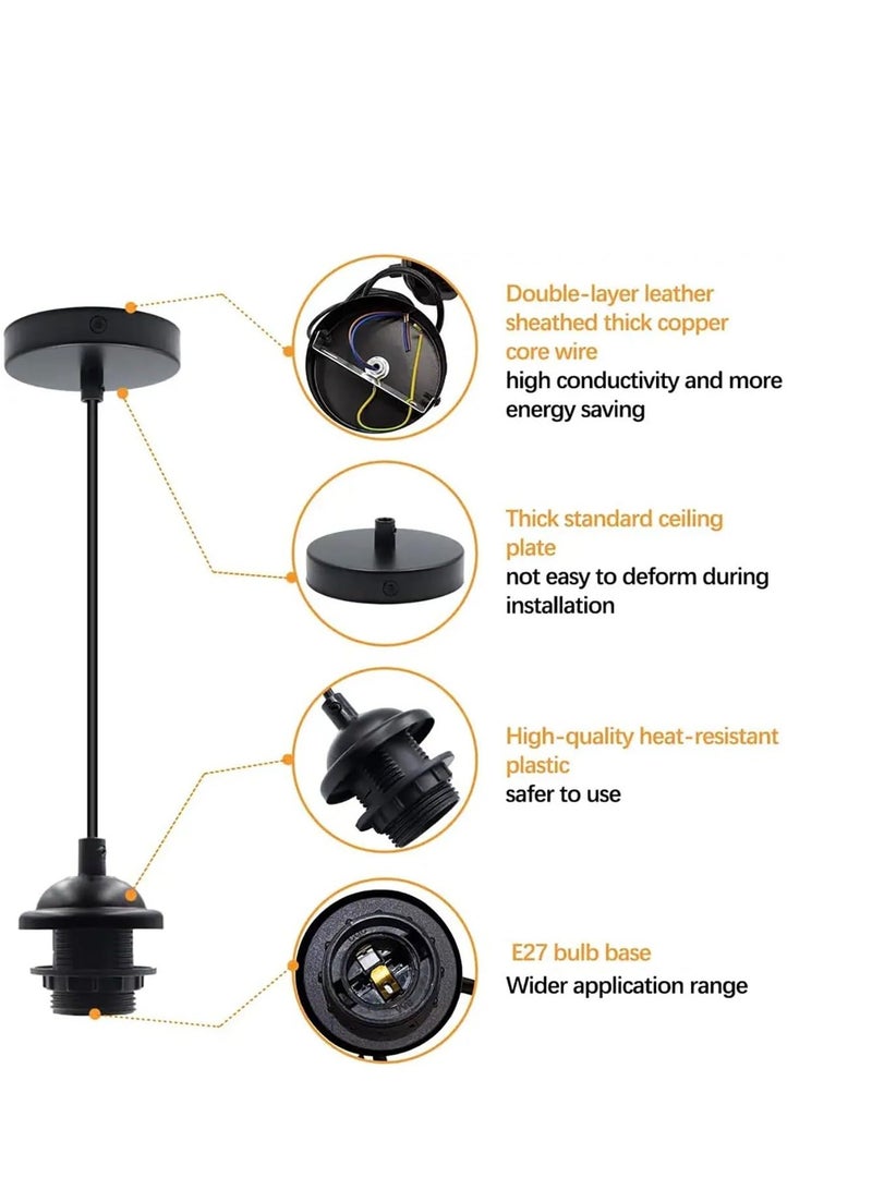 Ceiling Pendant & Lamp Holder, Metal Pendant Light Fitting, E27 Lamp Holder, Fitting Set with Braided Fabric Cable (Black 2pcs)  - Image 3