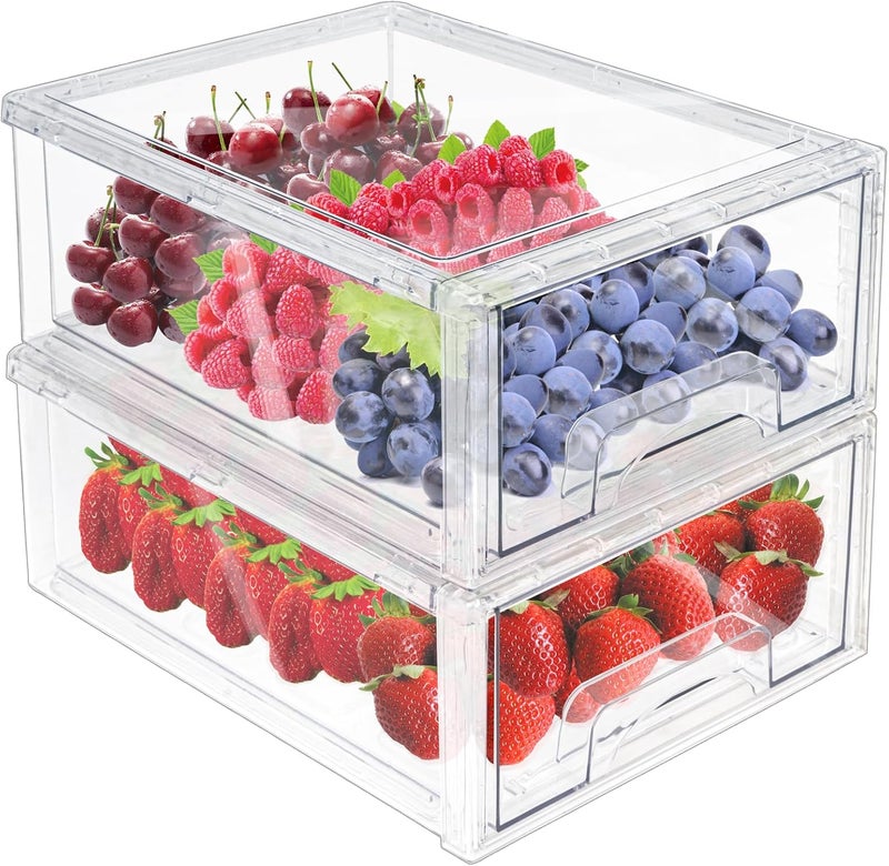 MANO 2Pack Clear Fridge Drawers Pull Out Stackable Refrigerator Drawer Organizer Bins Pantry Storage Box Plastic Food Containers for Kitchen Bathroom Office Closet (Large) - Image 1