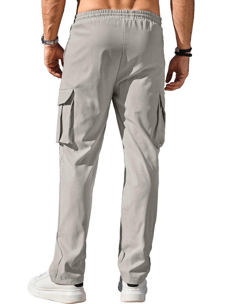 Comdecevis Men's Casual Cargo Pants Workout Joggers Stretch Sweatpants Hiking Drawstring Tactical Pants with Multi Pockets Grey - Image 3