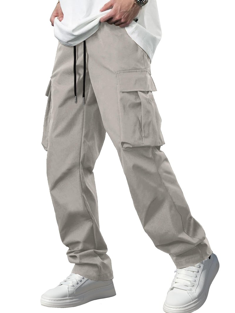 Comdecevis Men's Casual Cargo Pants Workout Joggers Stretch Sweatpants Hiking Drawstring Tactical Pants with Multi Pockets Grey - Image 1