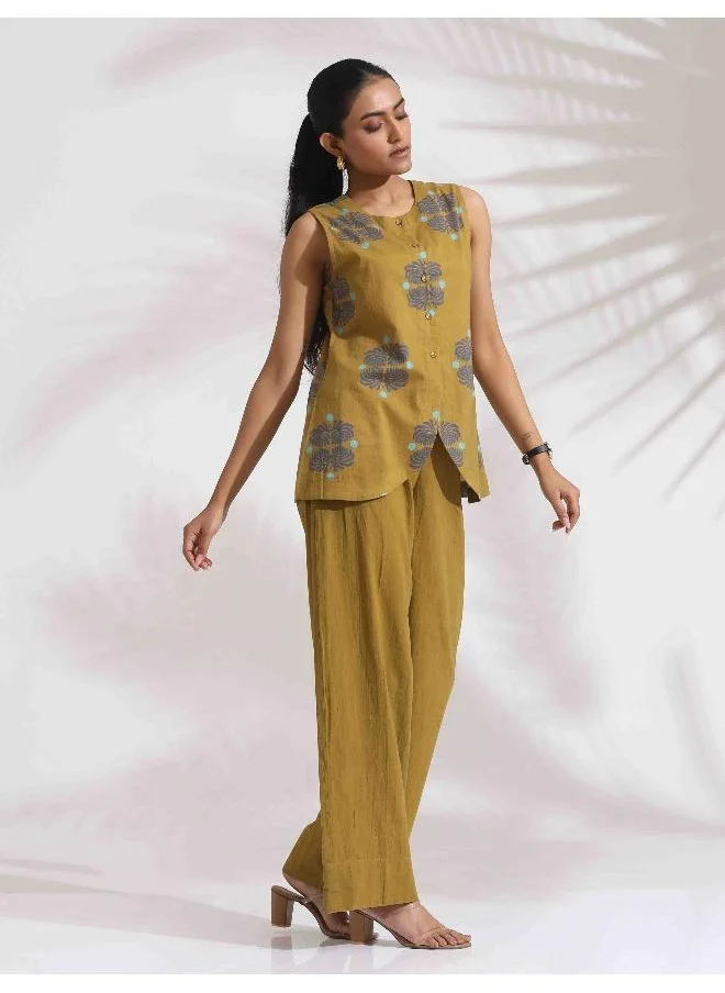 trueBrowns trueBrowns Green Cotton Print Top & Flared Pants Co-ord Set