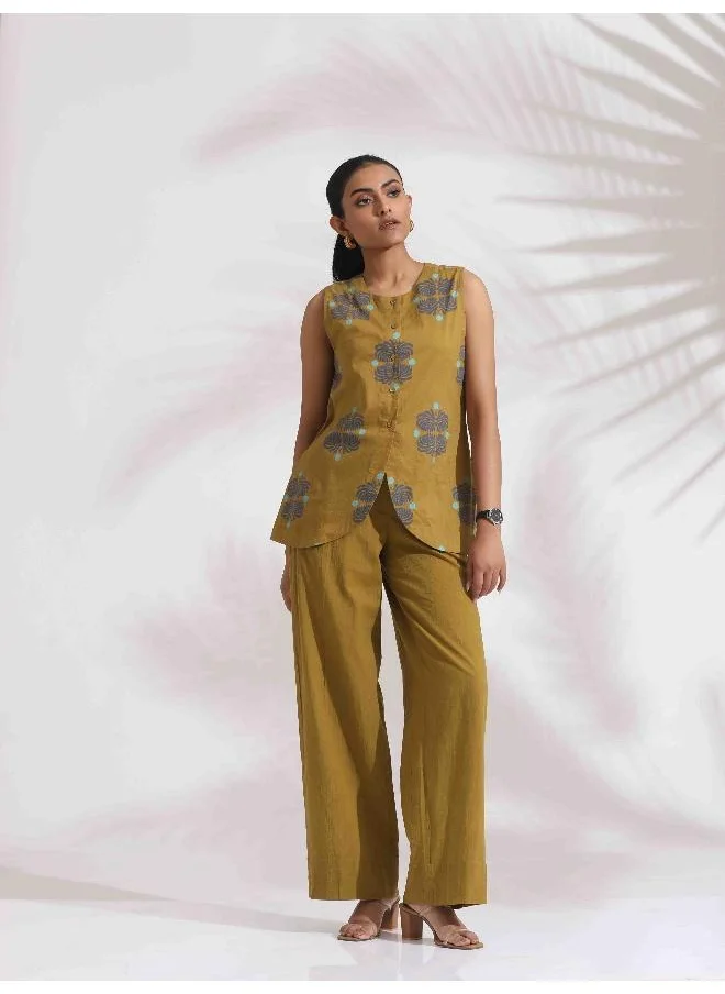 trueBrowns trueBrowns Green Cotton Print Top & Flared Pants Co-ord Set