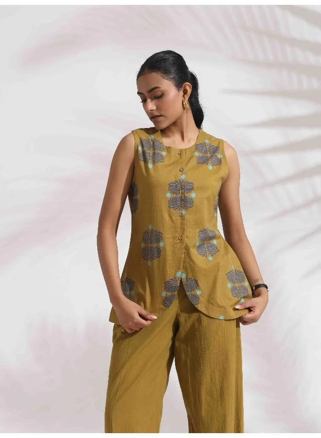 ترو برونز trueBrowns Green Cotton Print Top & Flared Pants Co-ord Set