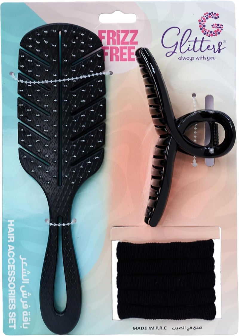 Glitters Frizz-Free Hair Accessories Set - Detangling Brush, Claw Clip & No-Snag Hair Ties