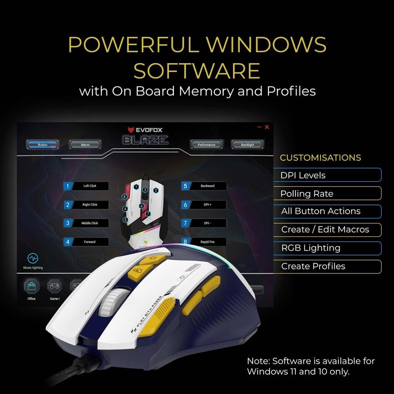 EvoFox Blaze Ultra Value 8 Button Programmable Gaming Mouse with 1000Hz Polling Rate | Gaming Grade DPI 200 to 12800 | Ultra-Responsive 7000fps | RGB Lights with Music sync Mode | Windows Software - Image 4