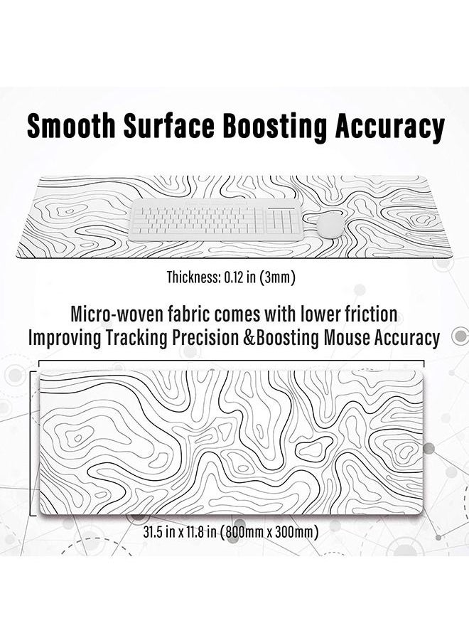 Arabest - Large Gaming Mouse Pad with Stitched Edges, Minimalist Topographic Map Desk Mat, Extended Xl Mousepad with Anti-Slip Base, Cool Desk Pad for Keyboard and Mouse, 31.5 X 11.8 In, White - Image 1