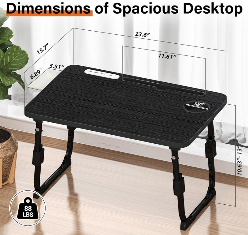 DECOSIS Lap Desk for Bed, Adjustable Laptop Desk with USB Charging Port, Storage Drawer & Bookshelf — Foldable Bed Desk for WFH & Students, 23.6" Desktop Fits 17" Laptop, Non-Slip, Black - Image 4