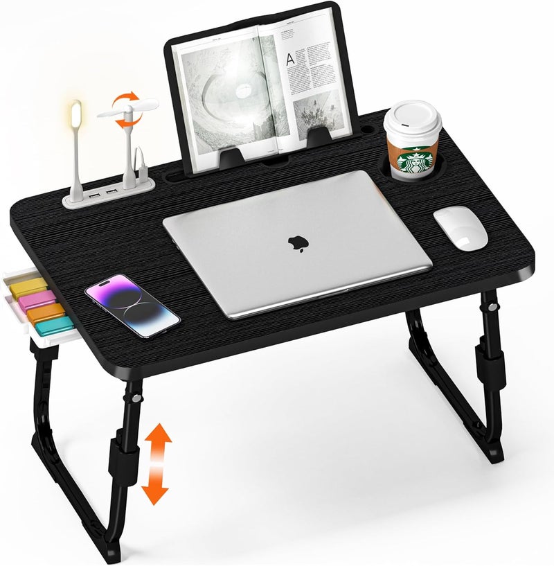 DECOSIS Lap Desk for Bed, Adjustable Laptop Desk with USB Charging Port, Storage Drawer & Bookshelf — Foldable Bed Desk for WFH & Students, 23.6" Desktop Fits 17" Laptop, Non-Slip, Black - Image 1
