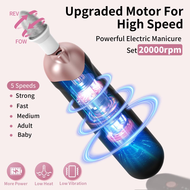Hoxida Professional Manicure Pedicure Kit, Cordless Electric Nail File Set, Rechargeable Pedicure Tools for feet, 5 Speeds Hand Foot Care Nail Drill for Thick Nail Toenail Cuticle Women Men Baby Pets - Image 2