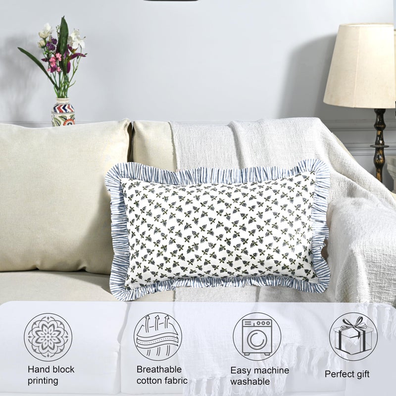 Ridhi Block Print Baby Blossams 20"x12" Set 1-100% Cotton Ruffle Lumbar Sham Cover Boho Floral Pillowcase, Farmhouse Cottagecore Bedding, Soft Decorative Cover Gift for Spring, Easter, Valentine - Image 5