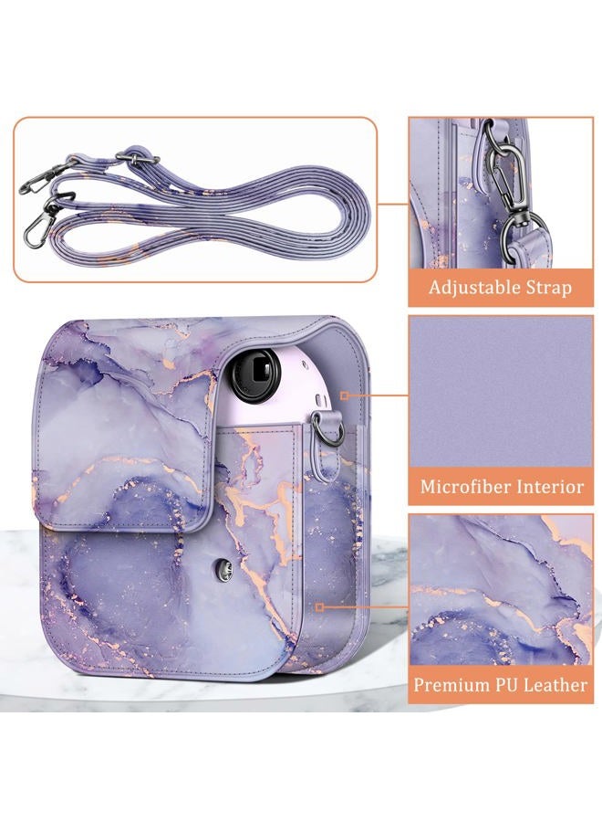 Fintie Protective Case for Fujifilm Instax Mini 12 Instant Camera - Premium Vegan Leather Bag Cover with Removable Adjustable Strap, Lilac Marble  - Image 3