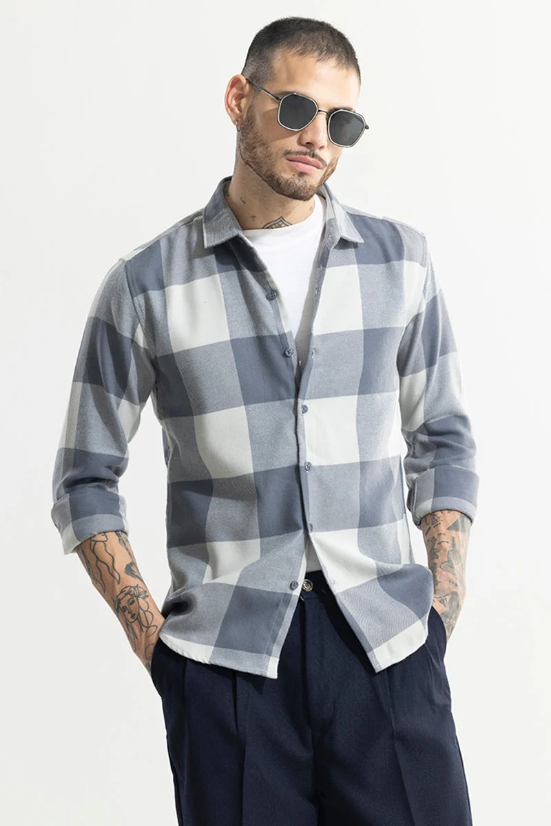 سنيتش Grey Checkered Long Sleeve Slim Fit Casual Shirt