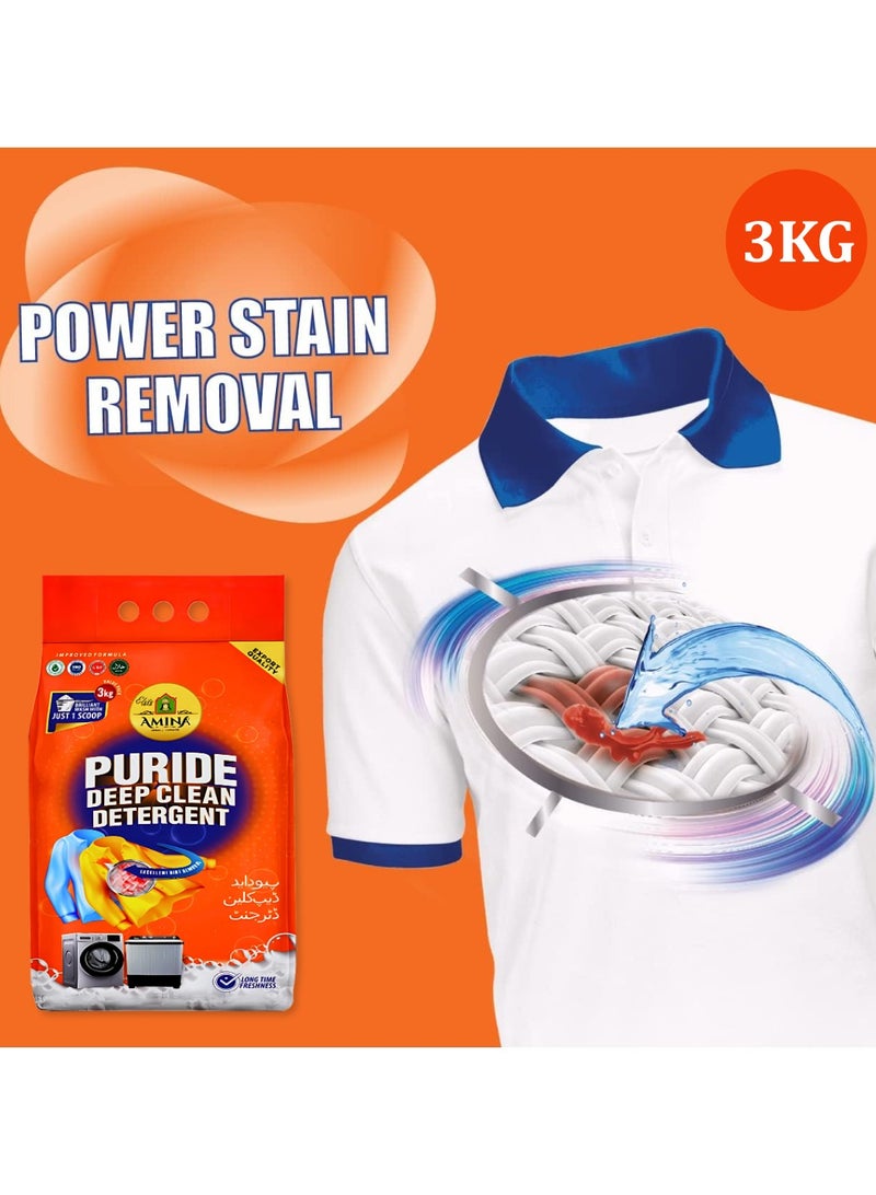 Amina Puride Detergent Powder 3 KG Advanced Stain Removal | Deep Clean Formula | Long Lasting | Freshness for Everyday Laundry - Image 2