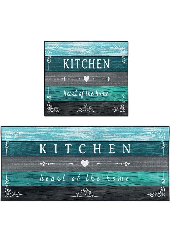 Nesphy سجادات وحصائر مطبخ نيسفي فارمهاوس باللون الفيروزي، مانعة للانزلاق وقابلة للغسل، طقم من قطعتين، حصائر أرضية بنقشة خشبية باللون الرمادي المائل للأزرق، سجادة ممر منزلية عتيقة، ديكور مطبخ ريفي - Image 1