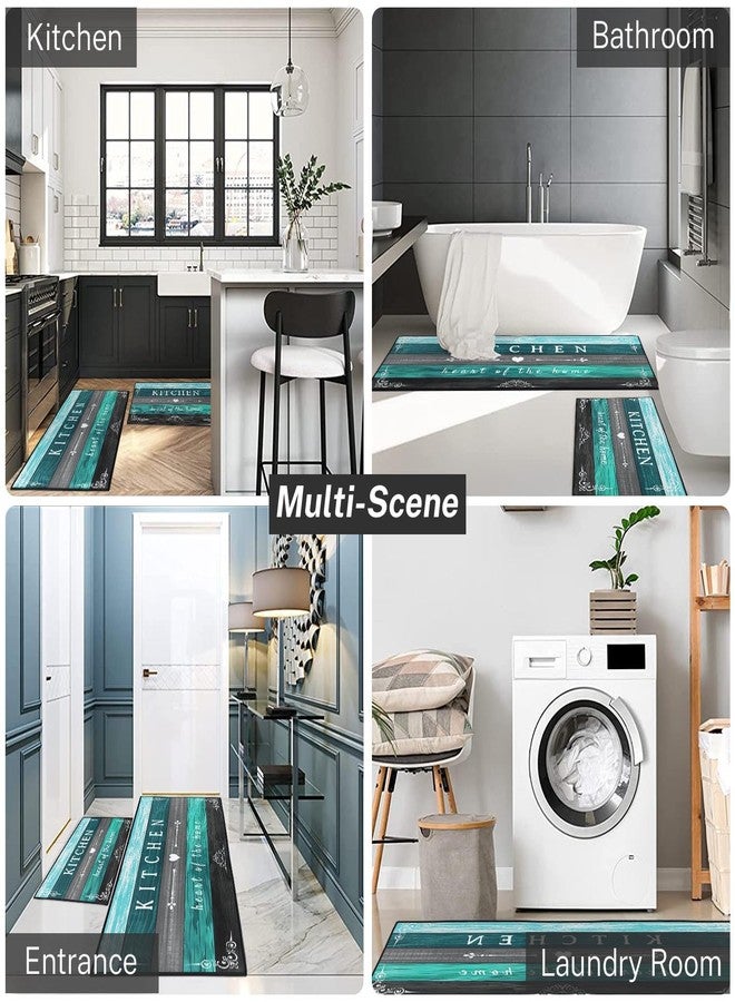 Nesphy سجادات وحصائر مطبخ نيسفي فارمهاوس باللون الفيروزي، مانعة للانزلاق وقابلة للغسل، طقم من قطعتين، حصائر أرضية بنقشة خشبية باللون الرمادي المائل للأزرق، سجادة ممر منزلية عتيقة، ديكور مطبخ ريفي - Image 5