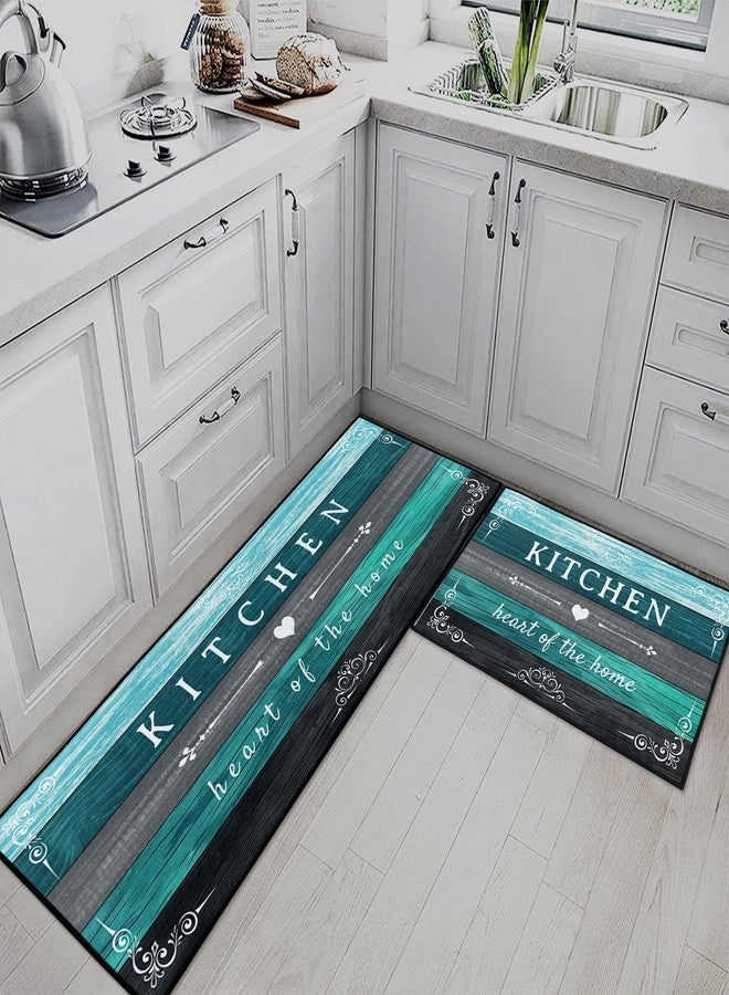 Nesphy سجادات وحصائر مطبخ نيسفي فارمهاوس باللون الفيروزي، مانعة للانزلاق وقابلة للغسل، طقم من قطعتين، حصائر أرضية بنقشة خشبية باللون الرمادي المائل للأزرق، سجادة ممر منزلية عتيقة، ديكور مطبخ ريفي - Image 3