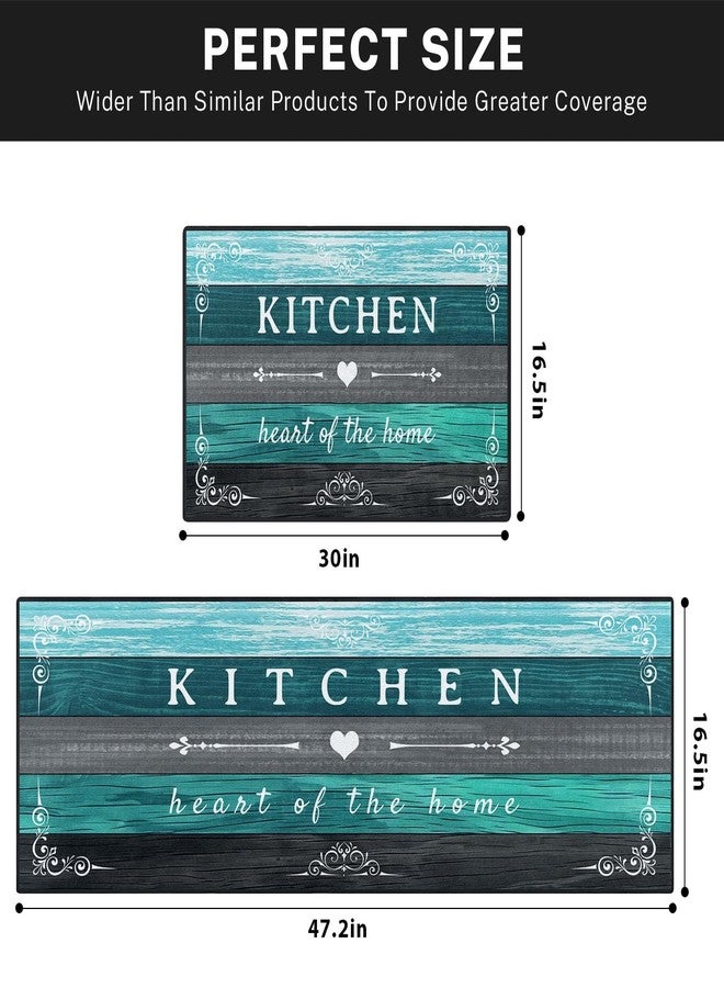 Nesphy سجادات وحصائر مطبخ نيسفي فارمهاوس باللون الفيروزي، مانعة للانزلاق وقابلة للغسل، طقم من قطعتين، حصائر أرضية بنقشة خشبية باللون الرمادي المائل للأزرق، سجادة ممر منزلية عتيقة، ديكور مطبخ ريفي - Image 2