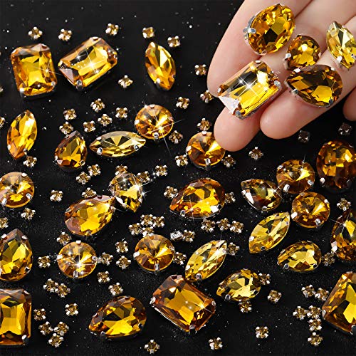 WILLBOND 156 Pcs Sew on Rhinestones Claw Flatback Crystal Rhinestones Metal Prong Setting Gems Acrylic Glass Sewing Gems for Clothes DIY Craft Shoes Dress Jewelry MakingGolden