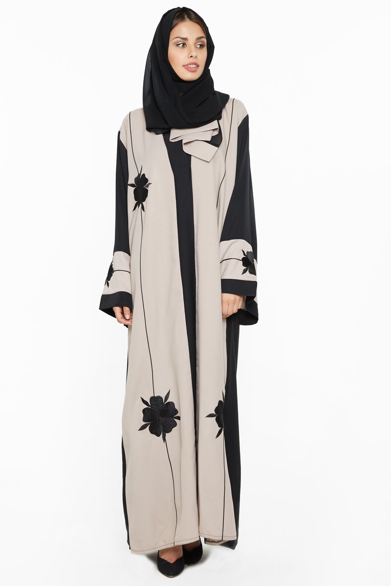 NUKHBAA A classy front beige & black back abaya-AJ545A - Image 1