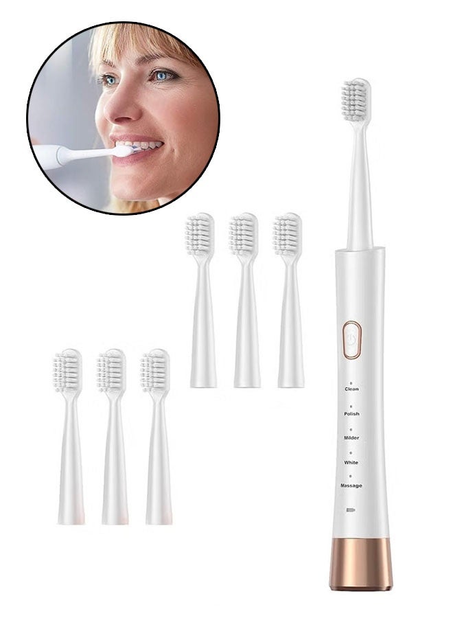 فرشاة أسنان كهربائية قوية قابلة لإعادة الشحن مع 6 رؤوس فرشاة ، تبييض الأسنان ، صديقة للسفر ، أبيض - Image 1